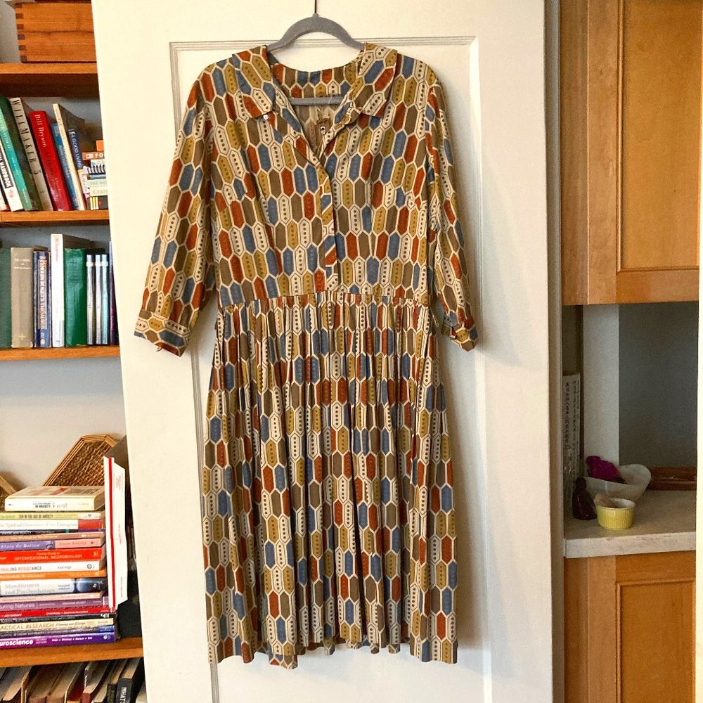 Vintage Pleated Printed Dress Large